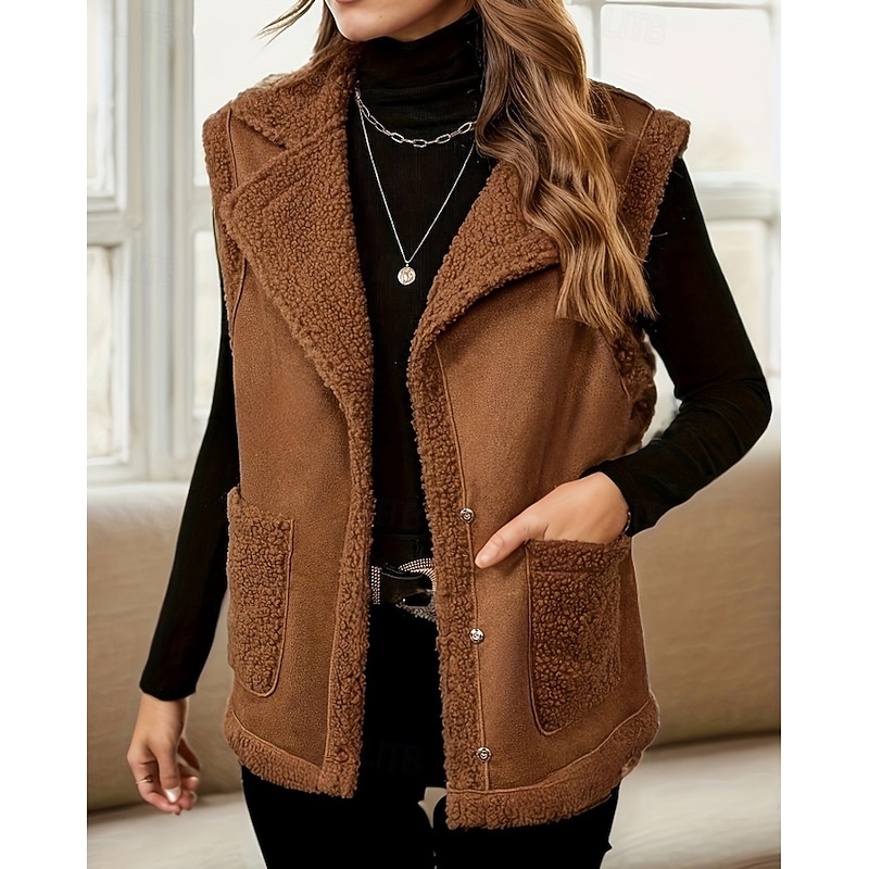 Women's Vest Warm Comfortable Pocket Active Casual Plain Outdoor Holiday Daily Wear Going out Single Breasted Regular Turndown Regular Fit Sleeveless Outerwear Black Brown Winter