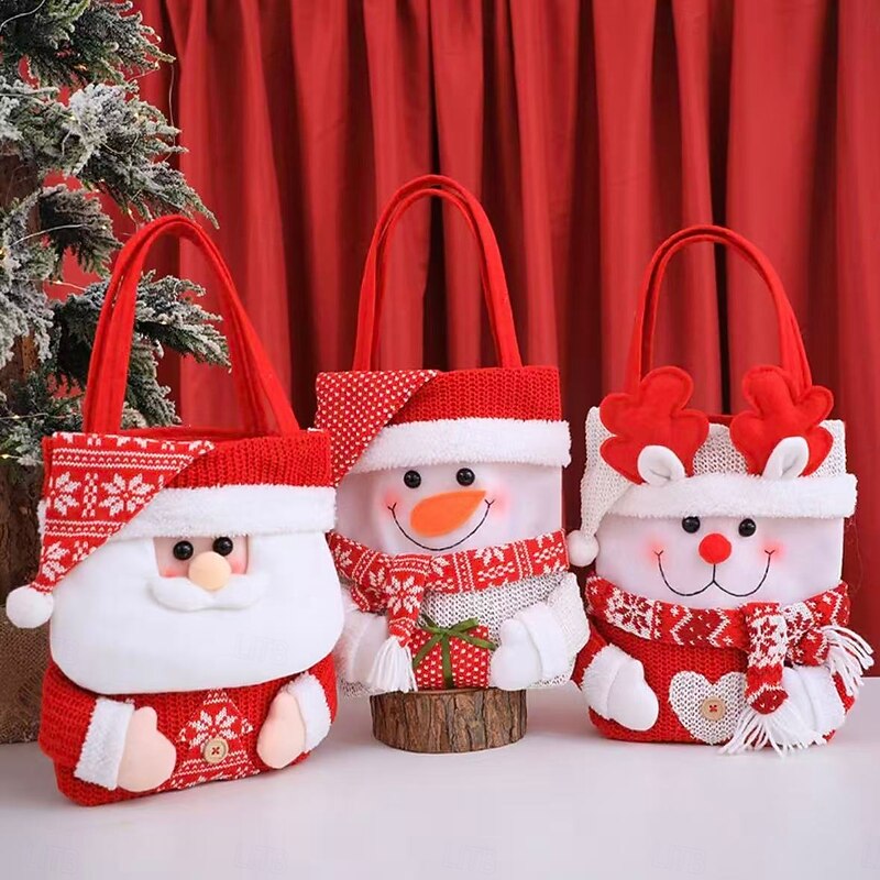 3PCS Christmas Gift Tote Bags, Festive Cartoon Santa, Snowman and Reindeer Designs with Flip-Top Closure, Holiday Bags for Candy, Gifts and Party Favors2
