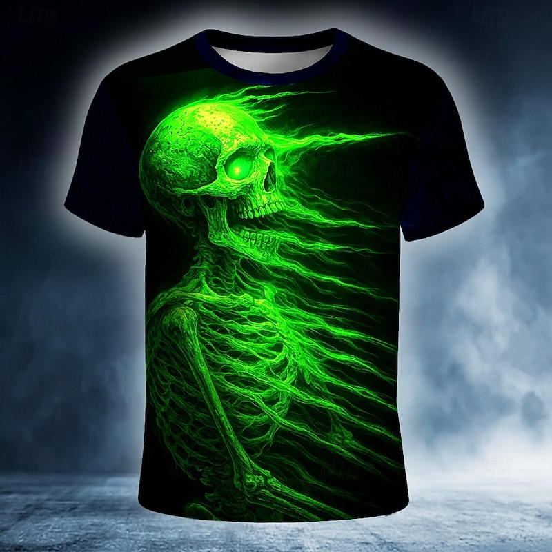 Halloween Men's Skull Optical Illusion 3D T Shirt Short Sleeve T shirt 3D Print Crew Neck Shirt Exaggerated Designer Horror Party Street Holiday Blue Purple Orange Summer Spring All Seasons Clothing