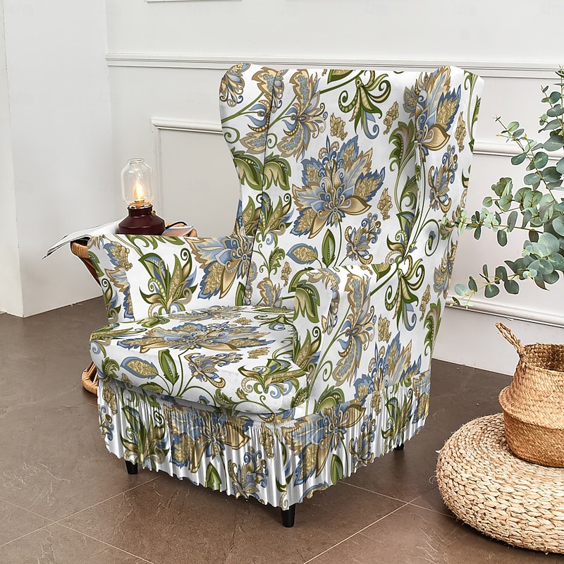 Wingback Chair Slipcovers - Floral/Striped/Geometric Print Stretch Polyester Covers | Anti-Slip Furniture Protectors for Living Room, Dining Chairs (Fits Most Styles)