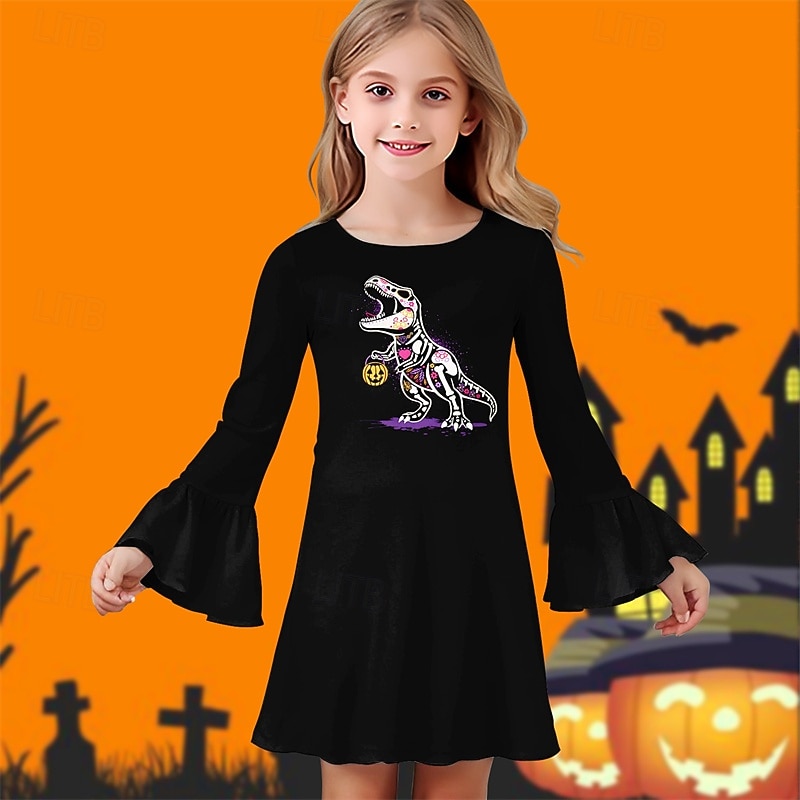 Halloween Girls' 3D Pumpkin Dinosaur Dress Ruffle Dress Long Sleeve Summer Spring Vacation Daily Holiday Beautiful Sweet Kids 4-12 Years Casual Dress Knee-length Regular Fit