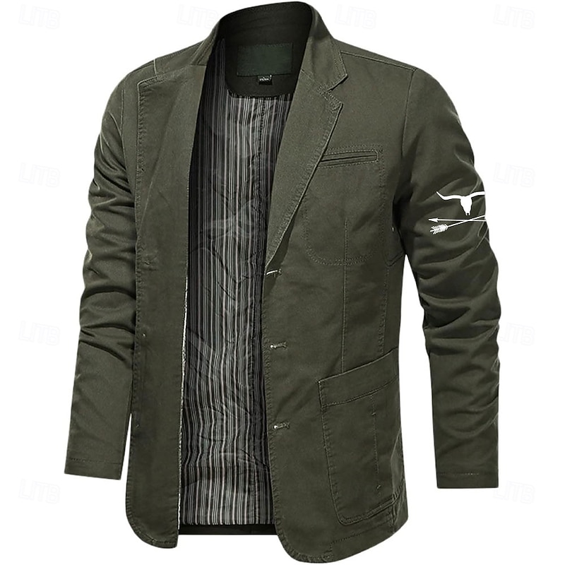 Men's Cow Print Cotton Suit Jacket Suits Coat Blazer Casual Outdoor Dailywear Long Sleeve Notch Lapel Collar Outwear Pockets Button Down Stripe Lined Suit Jacket Fall Winter Black khaki Army Green4