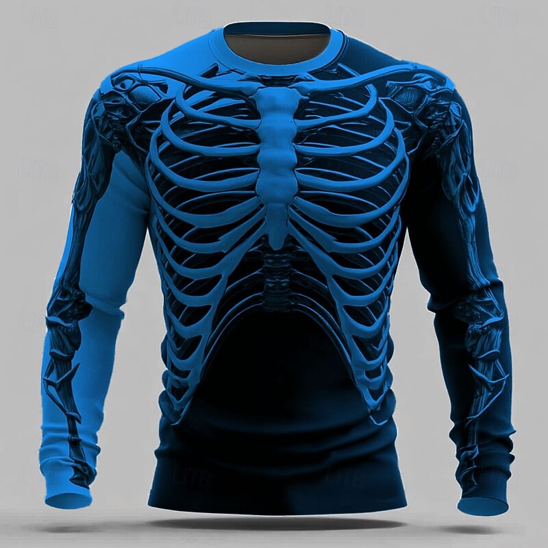 Halloween Men's 3D Skeleton T Shirt Long Sleeve T shirt 3D Print Crew Neck Shirt Fashion Exaggerated Street Casual Daily Blue Orange Green Summer Spring Fall Clothing Apparel S M L XL XXL XXXL3