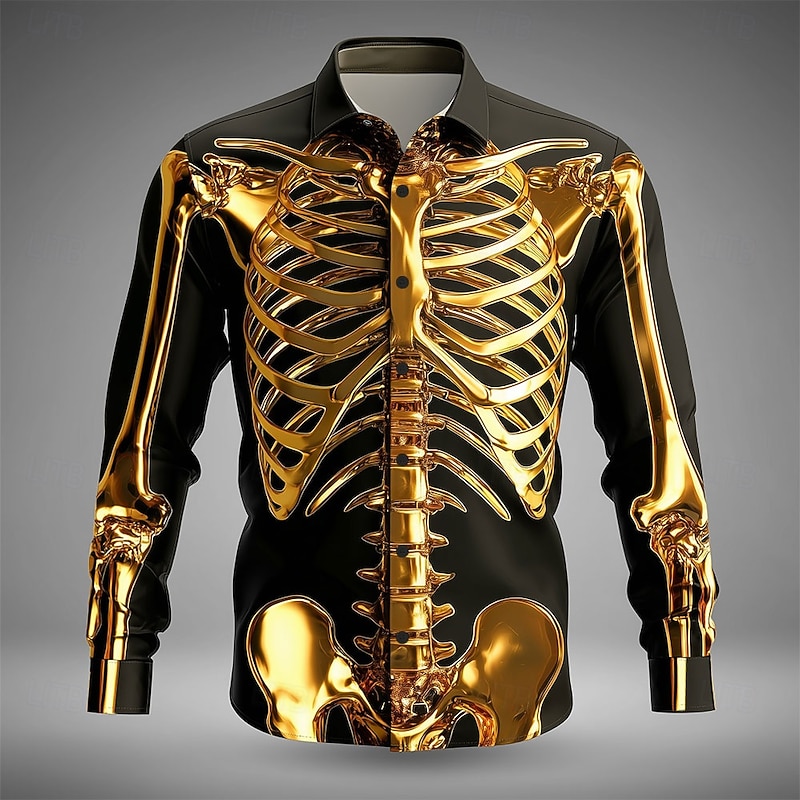 Halloween Men's Gold Skeleton Halloween Costumes Shirt Button Up Shirt Long Sleeve Dark Punk Gothic Style Outdoor Holiday Summer Spring Turndown 3D Print Collared Shirts Gold