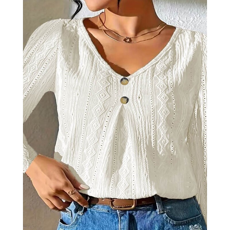 Women's Shirt Blouse Plain Modern Casual Long Sleeve V Neck Regular Tops Daily Going out Buttons Black White Fall3