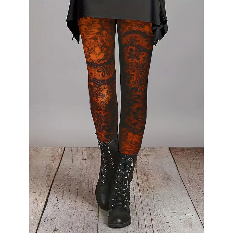 Women's Leggings Vacation Vintage Fashion Full Length High Waist Floral Graphic Printing Thermal Warm Soft Breathable Stretchy Formal Outdoor Vacation Red Blue Orange Green Spring Fall Winter Slim Fit