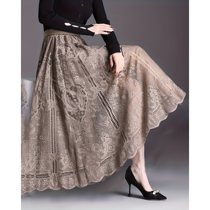 Women's Skirt Swing Fashion Maxi Mid Rise Skirts Plain Lace Patchwork Micro-elastic Vacation Street Khaki Fall Polyester