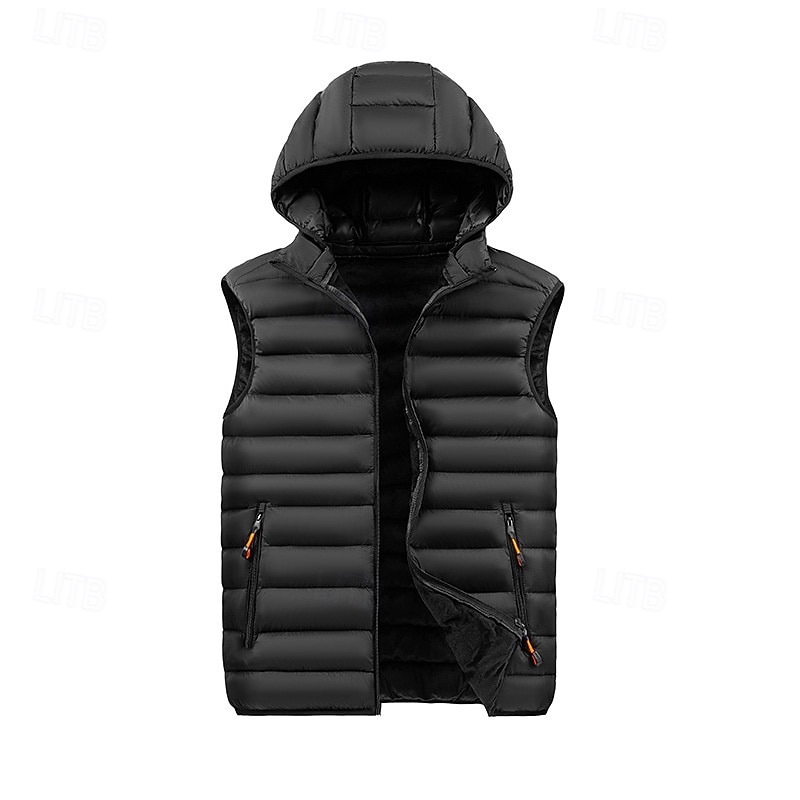 Men's Puffer Vest Vest Gilet Vacation Daily Date Fashion Casual Fall & Winter Pocket Polyester Warm Comfortable Solid Color Zipper Hooded Regular Fit Black Royal Blue Purple Khaki Vest