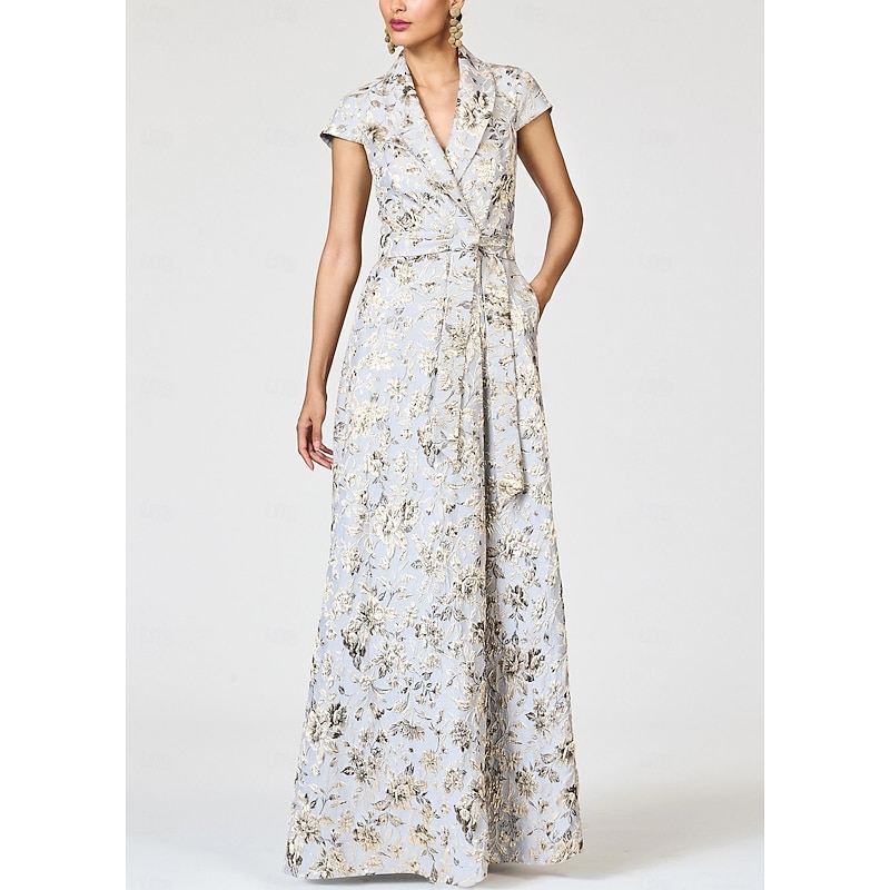 A-Line Mother of the Bride Cocktail Dresses Elegant Formal Dress Formal Wedding Floor Length Short Sleeve Lapel Pocket Nylon with Bow(s) Slit Pocket4