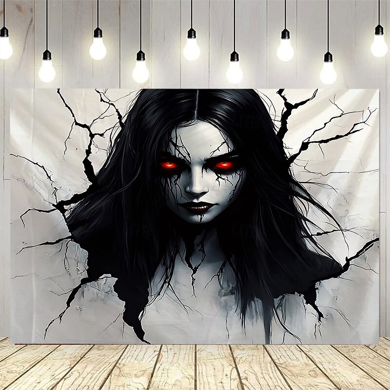 Halloween backdrop Scary Red-Eyed Demon Girl Tapestry – Creepy Horror Wall Hanging with Cracked Wall Effect, HD Print Gothic Halloween Backdrop for Bedroom, Living Room, Haunted House 2025 Halloween Decoration