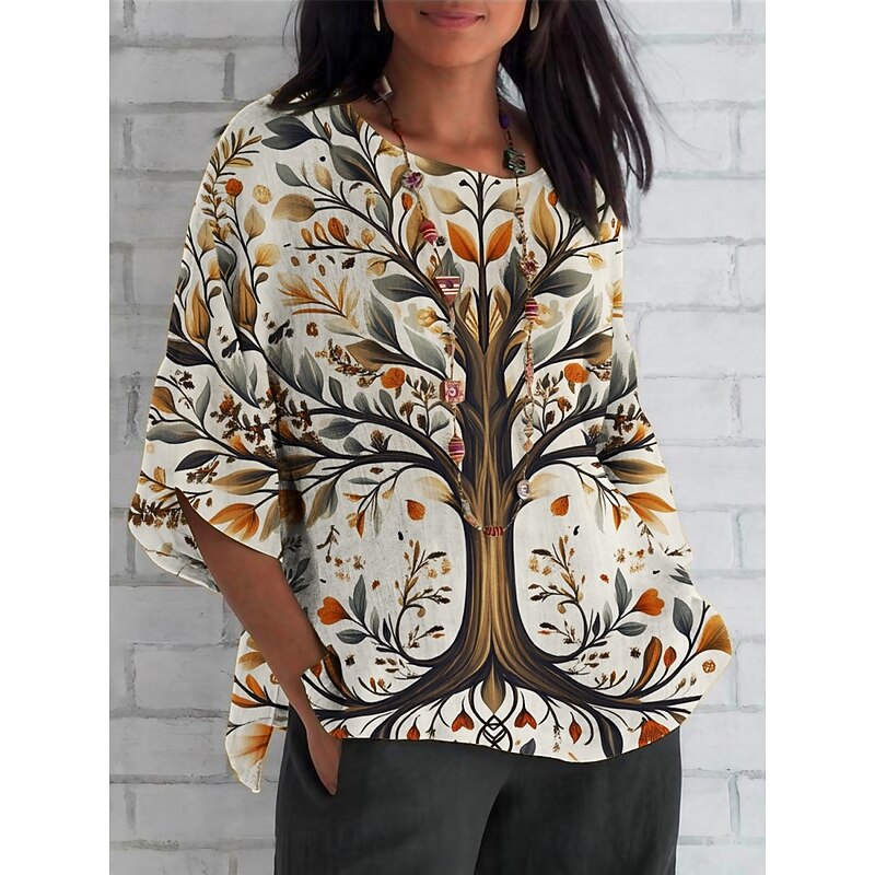 Women's Shirt Tree Daily Casual 3/4 Length Sleeve Crew Neck Regular Tops Daily Holiday Print White Summer Spring Fall