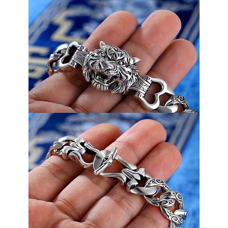 Men's Halloween Tiger Head Bracelet - Vintage Gothic Zinc Alloy Chain Jewelry for Biker, Punk, Cosplay and Party Outfits3