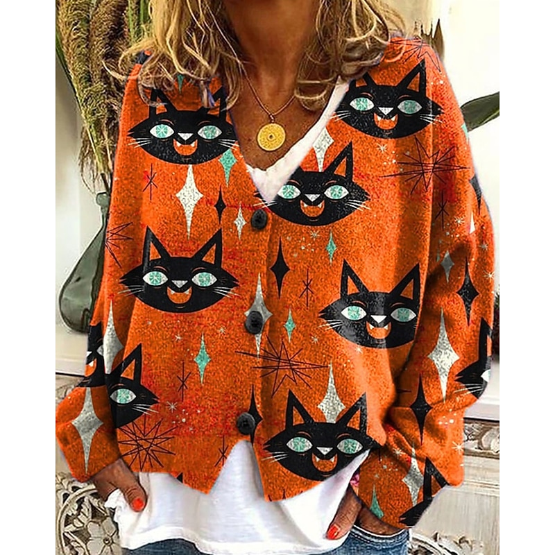 Women's Coat Casual Jacket Warm Comfortable Print Fashion Modern Casual Floral Going out Weekend Single Breasted Regular V Neck Regular Fit Long Sleeve Outerwear Pink Orange Green Fall Winter