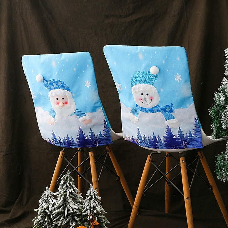 Christmas Chair Cover With Light Blue Santa and Snowman LED Chair Back Covers Festive Holiday Seat Slipcovers Perfect Dining Room Stool Decoration for Christmas Party Celebration2