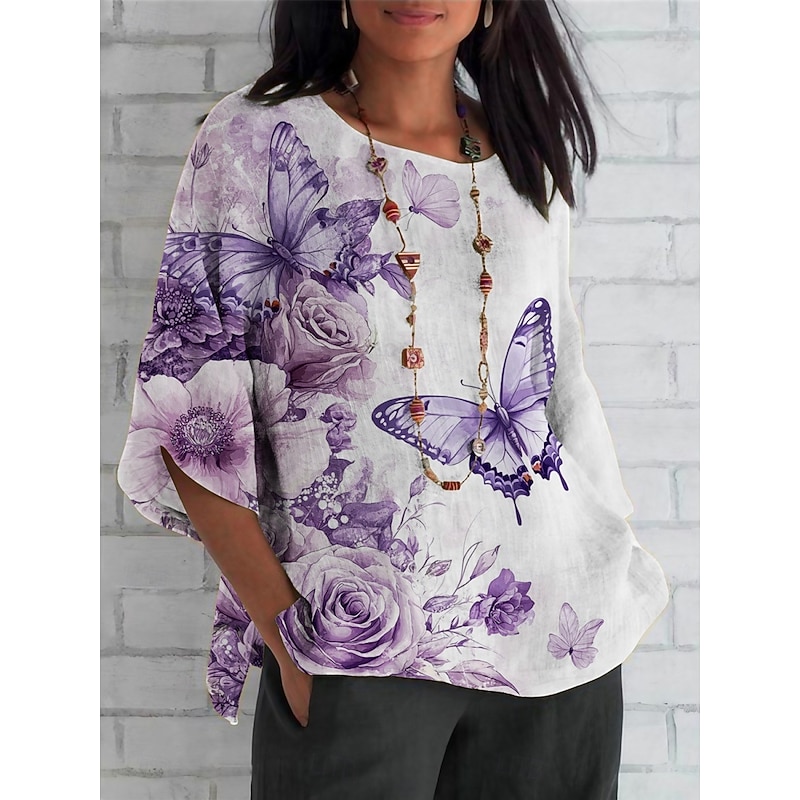 Women's Shirt Floral Butterfly Daily Casual 3/4 Length Sleeve Crew Neck Regular Tops Daily Holiday Print White Purple Summer Spring Fall