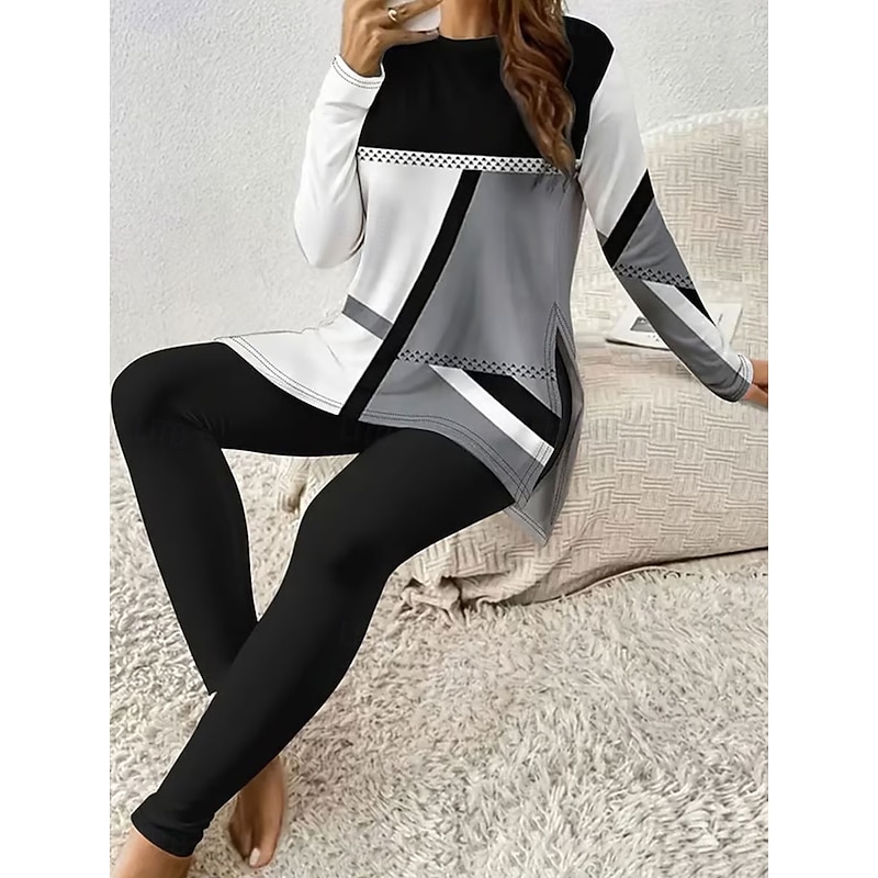 Women's Pajama Set Loungewear Round Neck Long Sleeve Casual Fashion Pants Sets Graphic Geometric Print Daily Daily Pink Red Blue Spring Regular Fit2