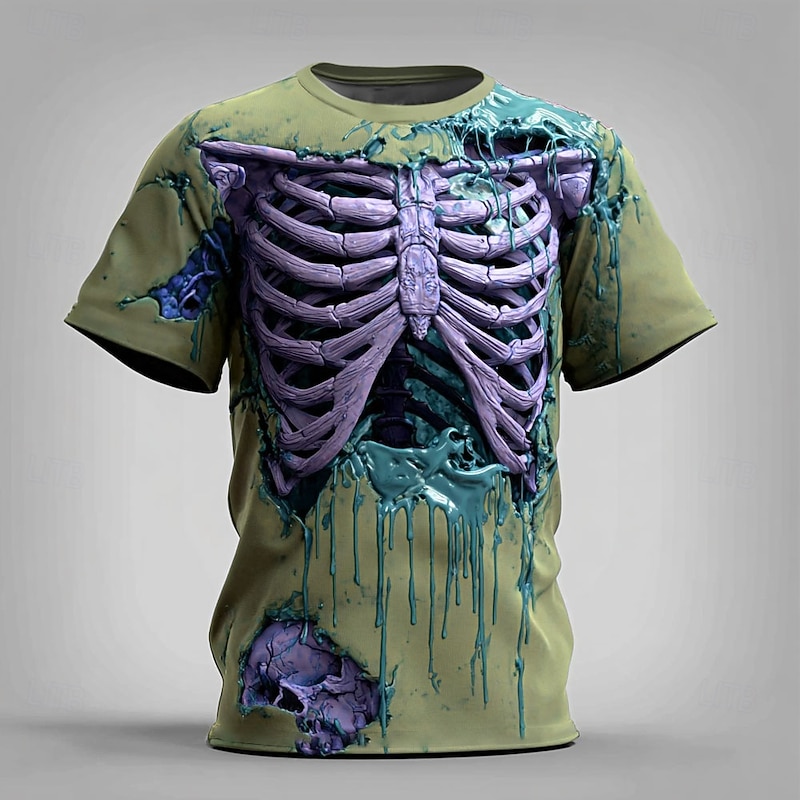 Halloween Men's Optical Illusion 3D Skeleton T Shirt Short Sleeve T shirt 3D Print Crew Neck Shirt Exaggerated Designer Horror Party Street Holiday Yellow Blue Purple Summer Spring All Seasons3