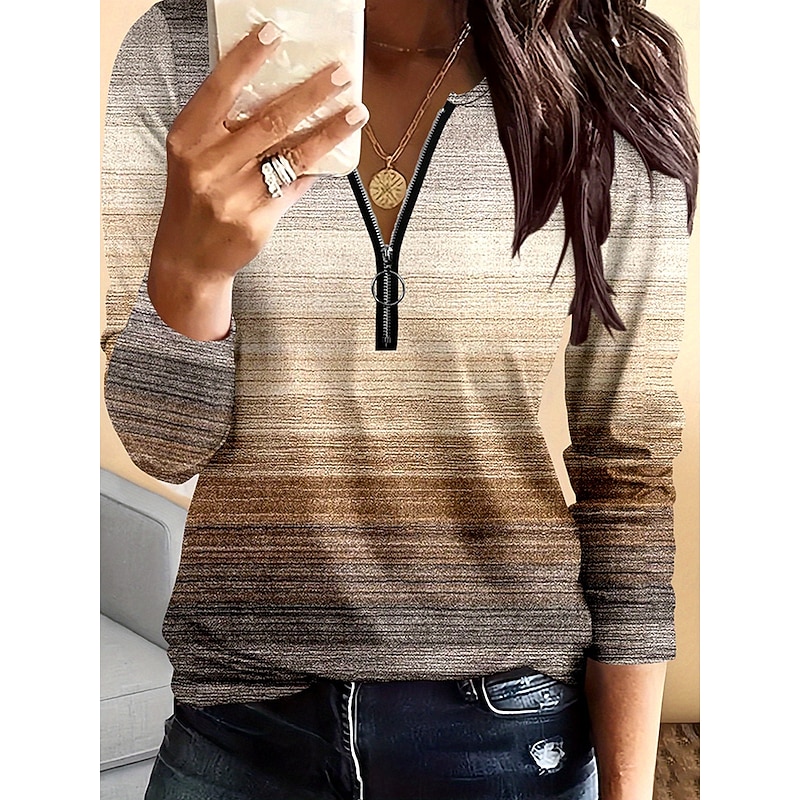 Women's T Shirt Ombre Graphic Gradient Elegant Vintage Stylish Long Sleeve Crew Neck Round Neck Notched Neck Regular Tops Daily Weekend Zipper Print Light Brown Spring Fall Winter