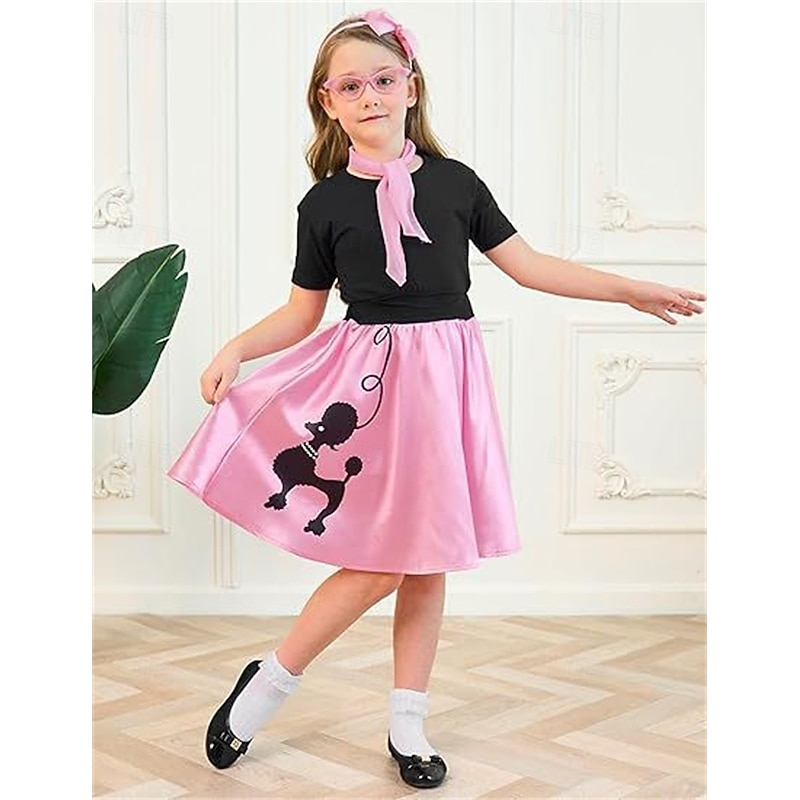 Retro Vintage 1950s Grease Outfits Dress Outfits Poodle Skirts Printing Fancy Dress Girls' Carnival Masquerade Performance Party Kid's Top Dress Scarf2