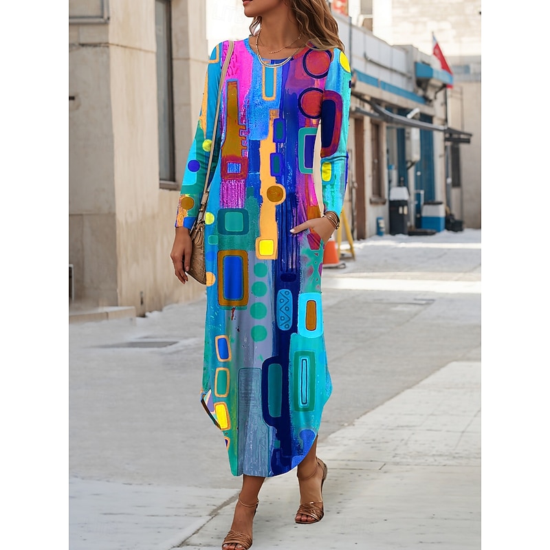 Women's Maxi Dress Sheath Dress T Shirt Dress Tee Dress Vacation Casual Holiday Date Regular Fit Graphic Geometric Long Sleeve Crew Neck Yellow Navy Blue Blue Orange Spring Fall