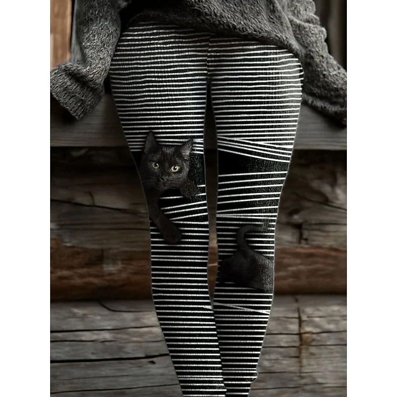 Women's Leggings Vacation Vintage Fashion Full Length High Waist Graphic Cat Abstract Printing Thermal Warm Soft Breathable Stretchy Formal Outdoor Vacation Black and White Black Dark Gray Purple3