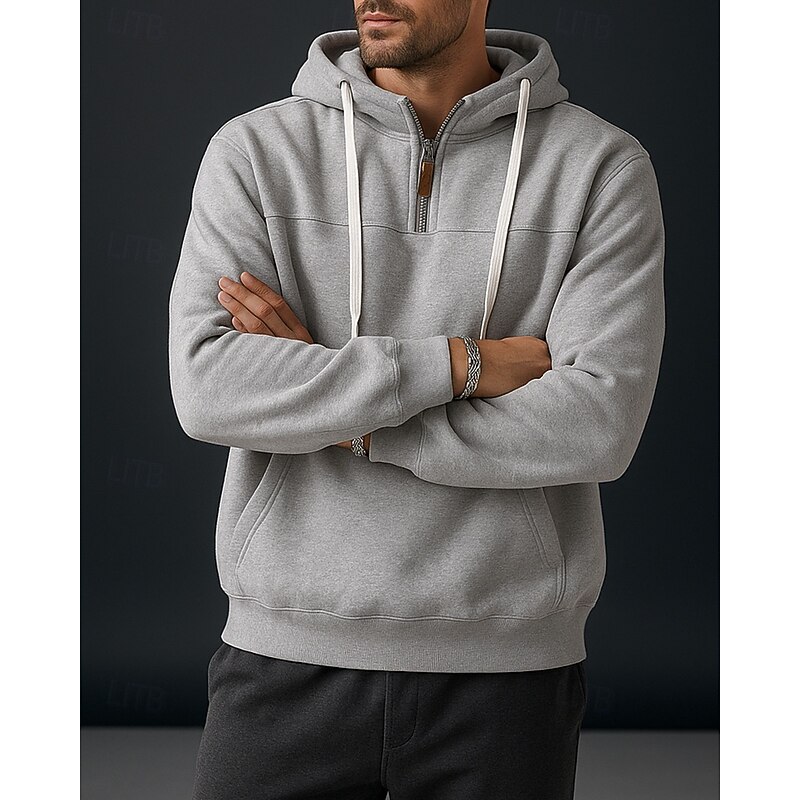 Men's Fleece Pullover Hoodie Casual Sweatshirt Quarter Zipper Thick Long Sleeve Top Athleisure Solid Colored Warm Outdoor Travel Running Sportswear Activewear Black White Burgundy4
