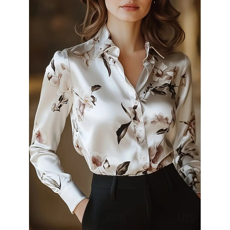 Women's Work Shirt Floral Graphic Elegant Stylish Basic Long Sleeve Shirt Collar Regular Tops Work Party Evening Wear Daily White Red Purple Gold Gray Summer Fall Spring, Fall, Winter, Summer