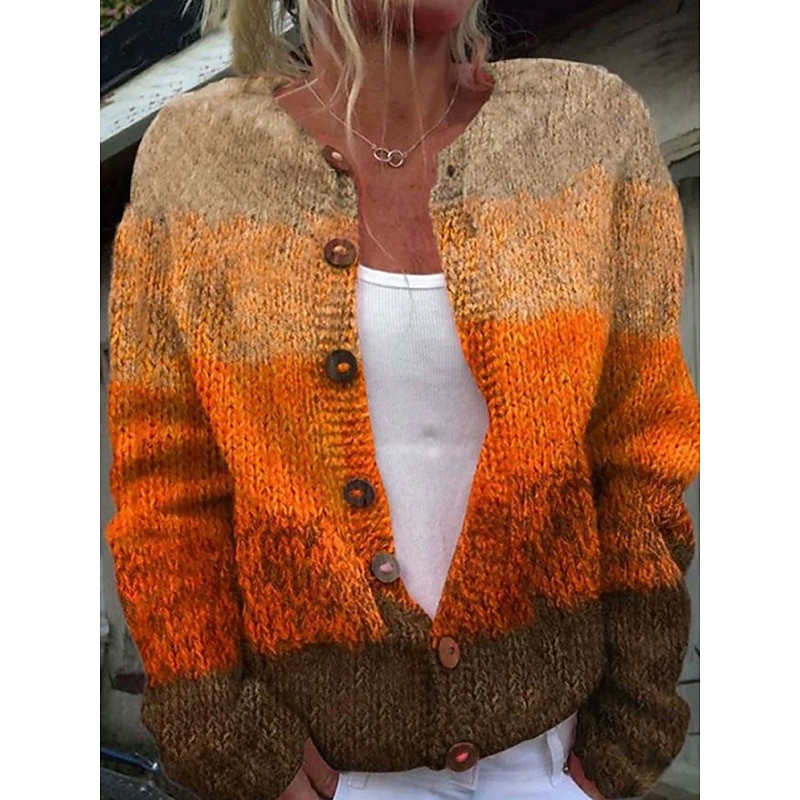 Women's Cardigan Sweater Knitted Ribbed Button Front Round Neck Long Sleeve Lightweight female Fashion Daily Casual Floral Geometric Striped Print Knit Outdoor Daily Date Yellow Orange Fall Winter