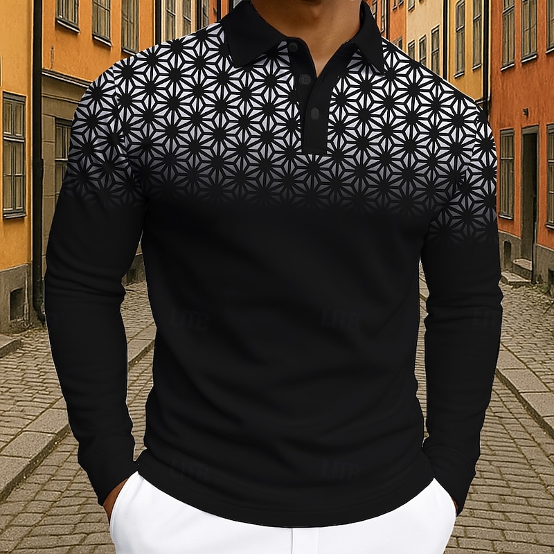 Men's Geometic Polo Long Sleeve Polo Shirts Lapel Business Casual Athleisure Daily Wear 3D Print Buttons Spring Fall Winter Black White Blue3