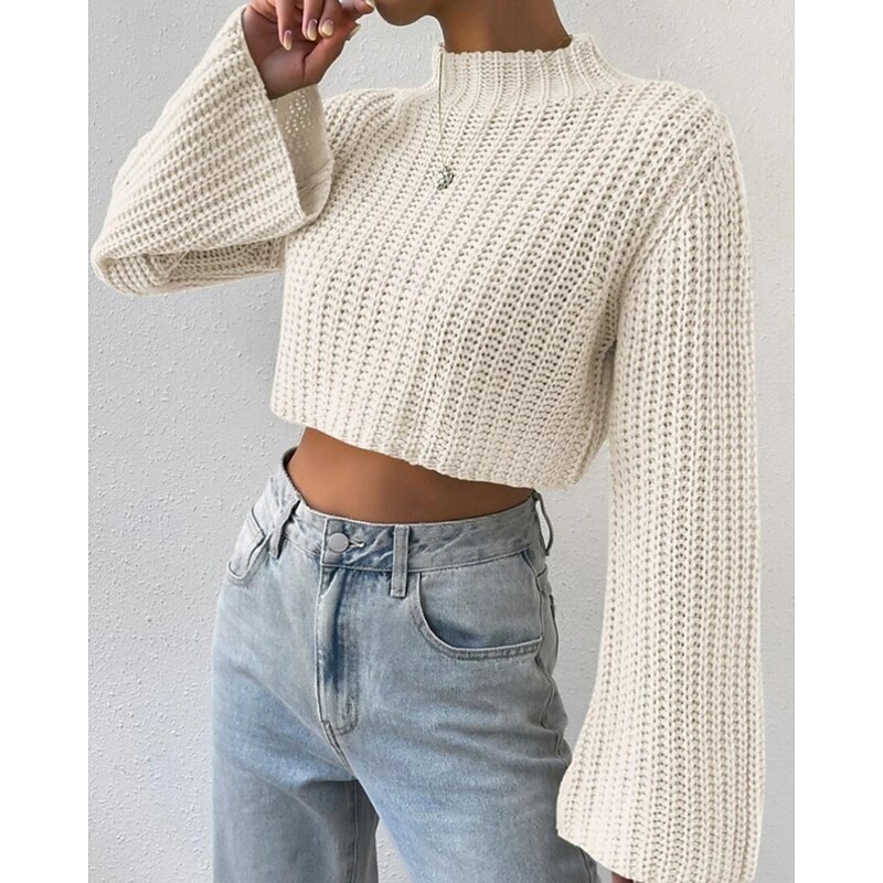 Women's Sweater Casual Solid Color Crochet Crew Neck Knitted Long Sleeve Regular Tops Knit Daily Holiday Going out Camel Green Winter4