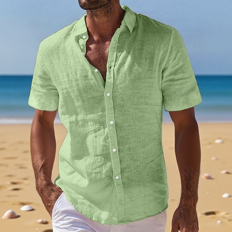 Men's Linen Shirt Summer Shirt Beach Wear Button Up Shirt Plain Vacation Curise Black White Light Green Pink Short Sleeve Turndown Summer Clothing Apparel4