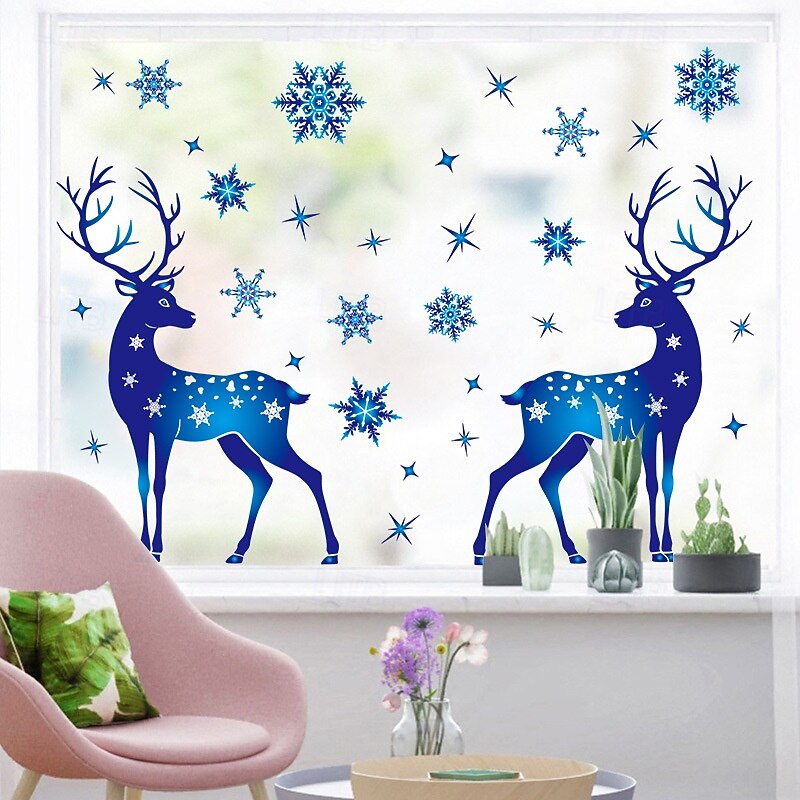 Christmas Window Clings Xmas Wall Sticker Snowflake and Reindeer Design Blue Holiday Decals Static Cling for Glass Window Store Display Festive Christmas Decoration Home Party Accessory3