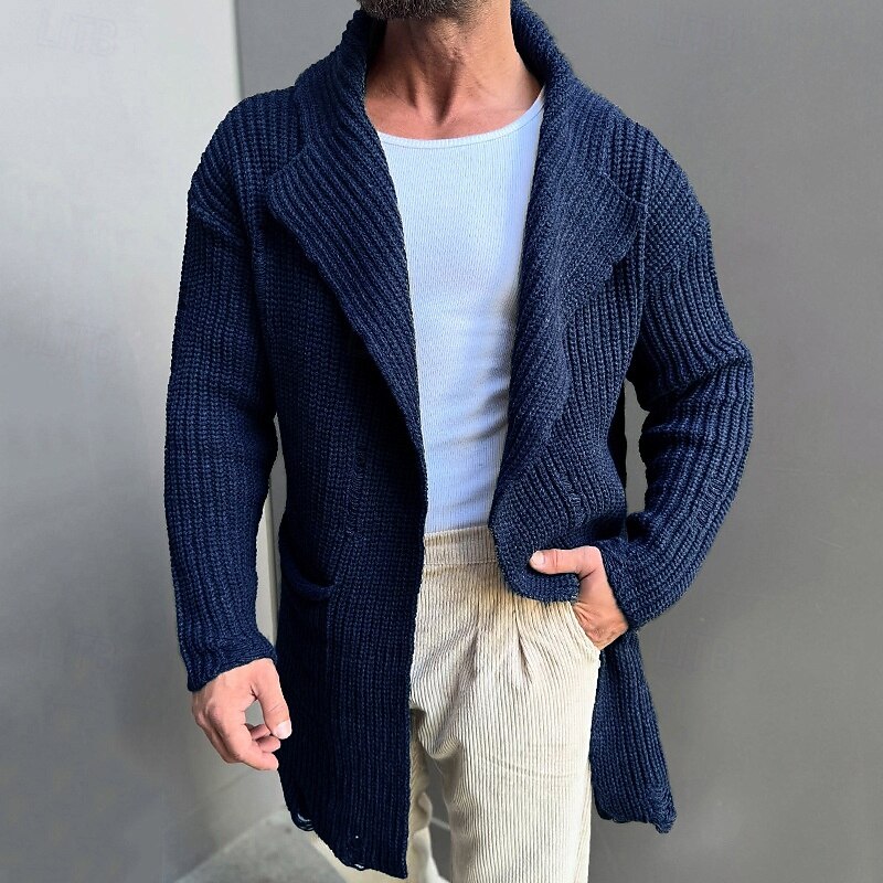 Men's Cardigan Sweater Cropped  Sweater Knit Sweater Ribbed Knit Tunic Pocket Plain Lapel Fashion Classic Vacation Daily Wear Clothing Apparel Fall Winter Black Navy Blue S M L3