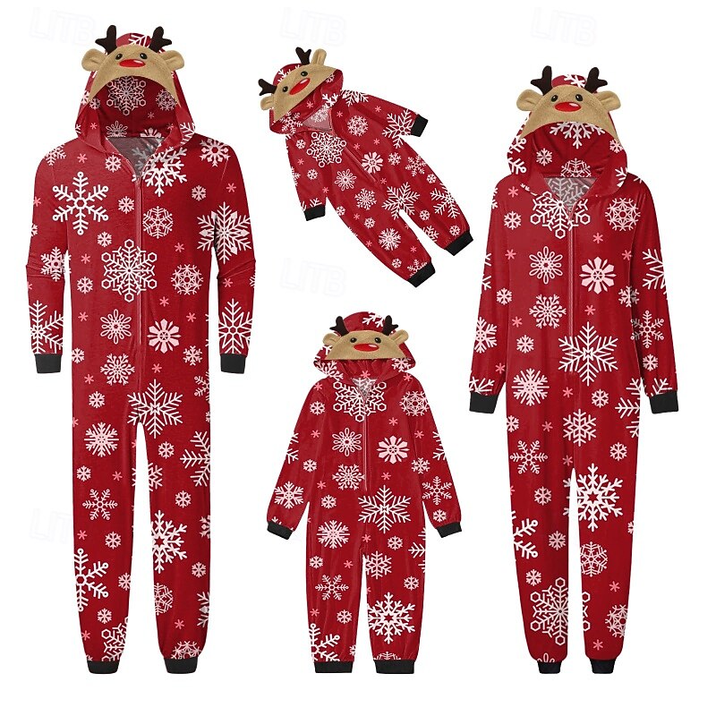 Family Christmas Jumpsuit Christmas Pattern Home Print Black White Dark Red Long Sleeve Adorable Matching Outfits
