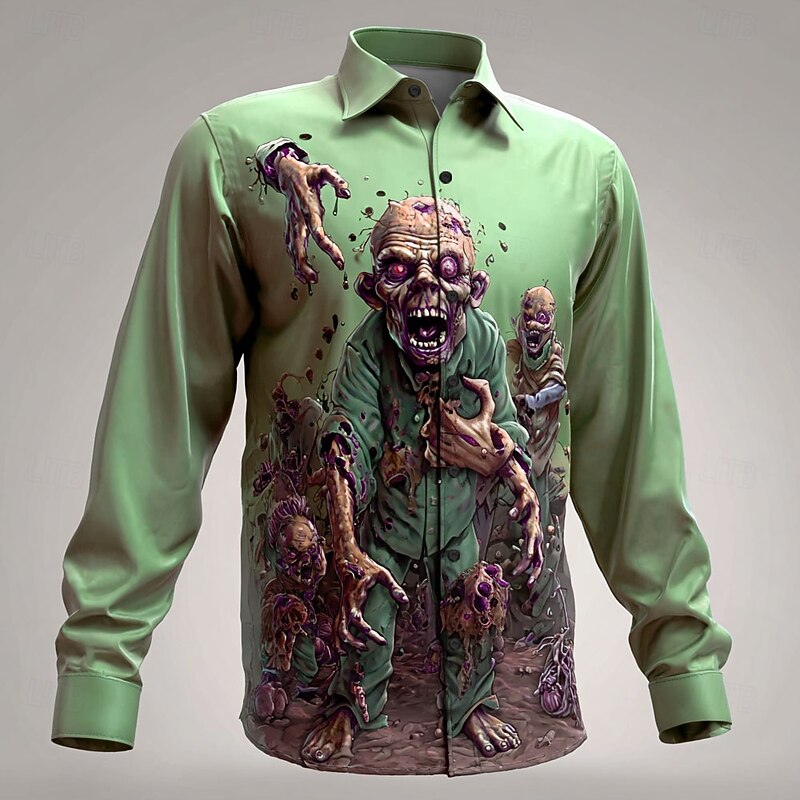 Halloween Men's Zombies Halloween Costumes Shirt Button Up Shirt Long Sleeve Dark Punk Gothic Style Outdoor Holiday Summer Spring Turndown 3D Print Collared Shirts Blue Purple Green Khaki2