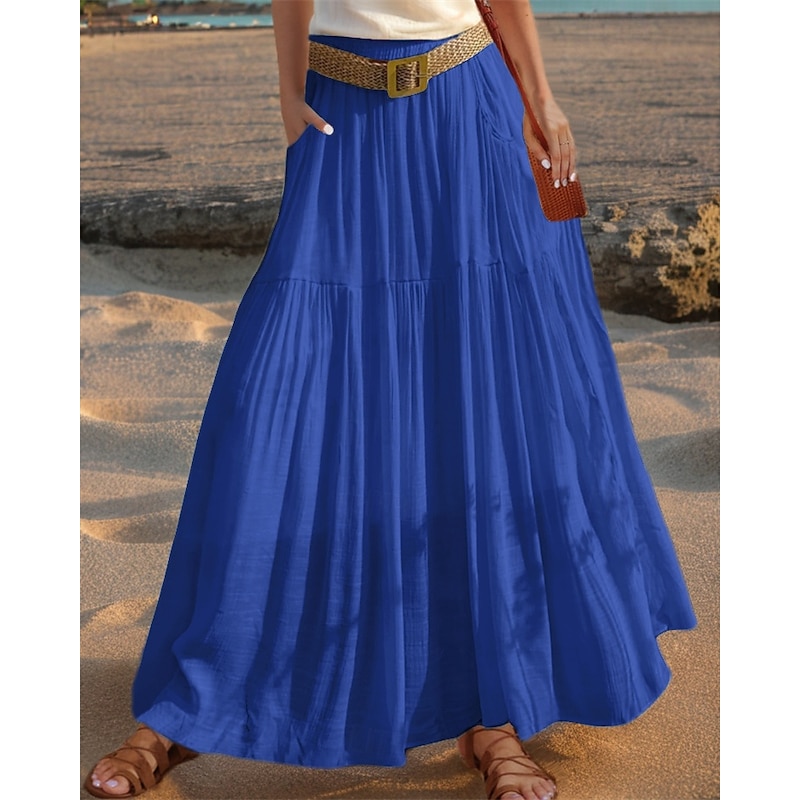 Women's Asian Size Swing Linen Skirts Casual Summer Midi High Waist Skirts Solid Colored Ruched Pleated Pocket Micro-elastic Vacation Daily Apple Green Red Royal Blue Dark Green Spring, Fall, Winter4