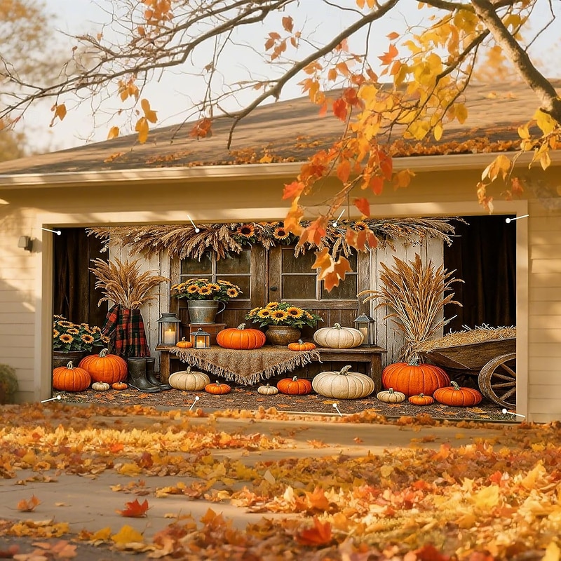 Halloween Garage Door Cover Large Hanging Backdrop Pumpkin Farm Rustic Cottagecore Dark Punk Gothic Style Party Outdoor Shooting Backgrounds Yard Haunted House Home Decor
