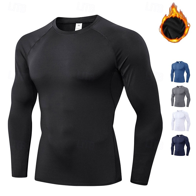 Men's Compression Shirt Fleece Base Layer Workout Tops Long Sleeve Top Athleisure Solid Colored Quick Dry Warm Gym Basketball Athletic Sportswear Activewear Black White Blue - Main Image