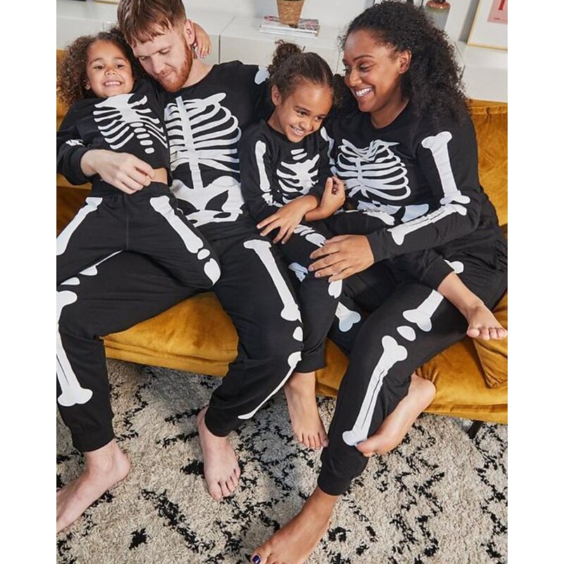 Family Pajamas Skull Halloween pattern Home Print Black Long Sleeve Active Matching Outfits