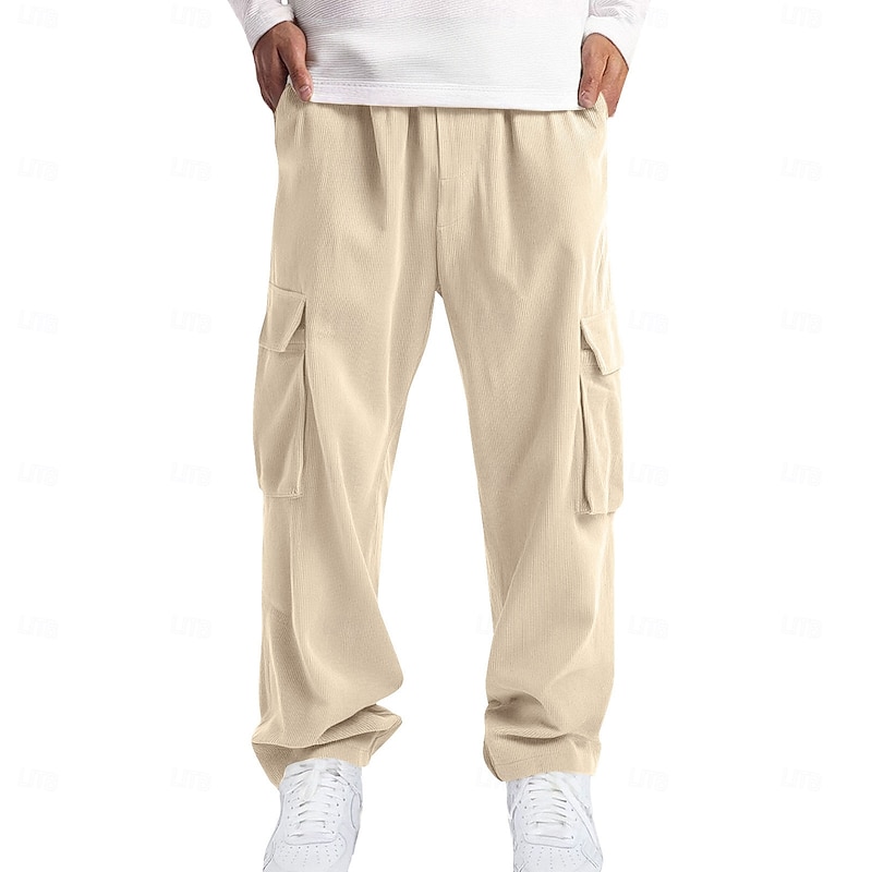 Men's Cargo Pants Corduroy Pants Trousers Baggy Pants Casual Pants Elastic Waist Multi Pocket Straight Leg Plain Comfort Full Length Outdoor Daily Going out Fashion Streetwear Black White Inelastic4