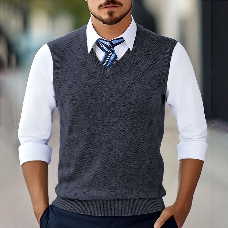 Men's Sweater Vest Dress Sweater Pullover Sweater Jumper Vest Knit Sweater Ribbed Knit Regular Tops Knitted V Neck Daily Wear Date Clothing Apparel Fall Winter Wine Dark Navy S M L3