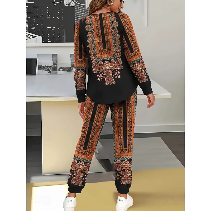 Women's Warm Bohemia Active Tracksuit Pants Sets Sweatshirt Long Sleeve Crew Neck Graphic Geometric Striped Drawstring Print Sports Outdoor Casual Daily Black Brown Fall & Winter Regular Fit2