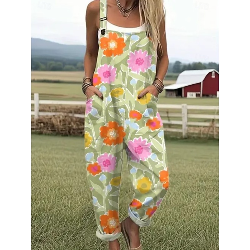 Women's Dungarees Active Floral Sleeveless Sleeveless Straight Square Neck Pocket with Pocket Vacation Daily Loose Fit White Pink Blue Summer2