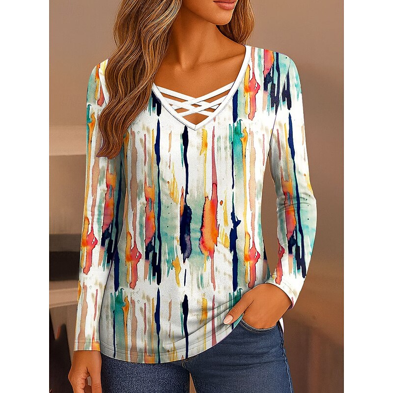 Women's T Shirt Ombre Graphic Vintage Stylish Classic Long Sleeve V Neck Regular Tops Daily Cut Out Print Pink Blue Orange Spring Fall