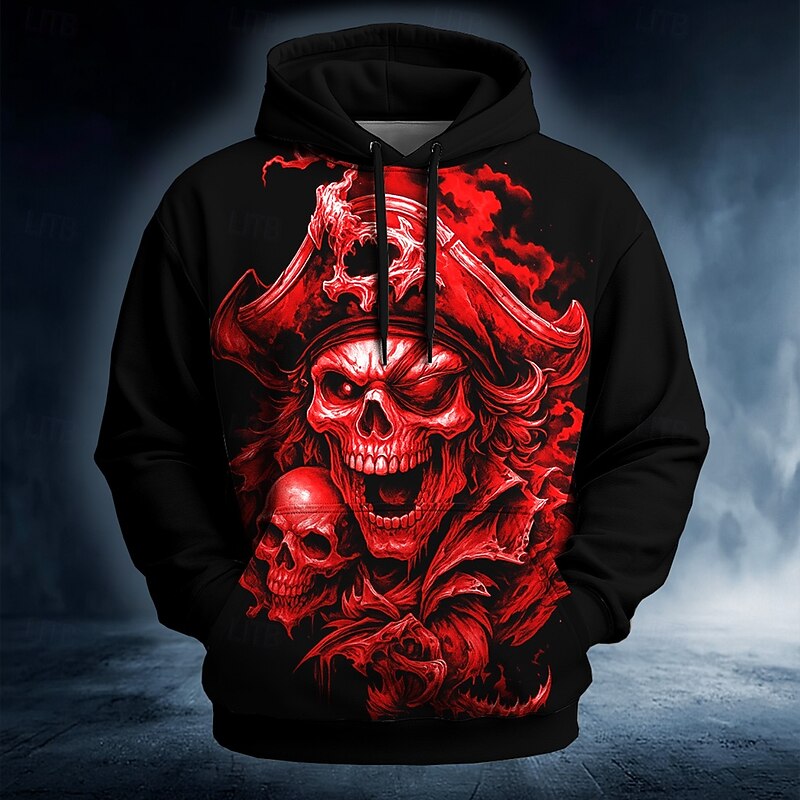 Halloween Men's Skull Pirate Hoodies Sweatshirt Punk Exaggerated Long Sleeve Crew Neck Club Streetwear Lake blue White Drawstring Fall Winter Designer - Main Image