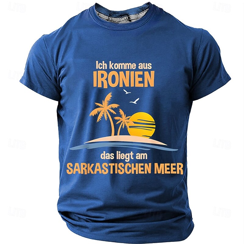 Funny Irony Sarcasm Men's Graphic T-Shirt | German Pun 'I Come From Irony' Tropical Design Tee