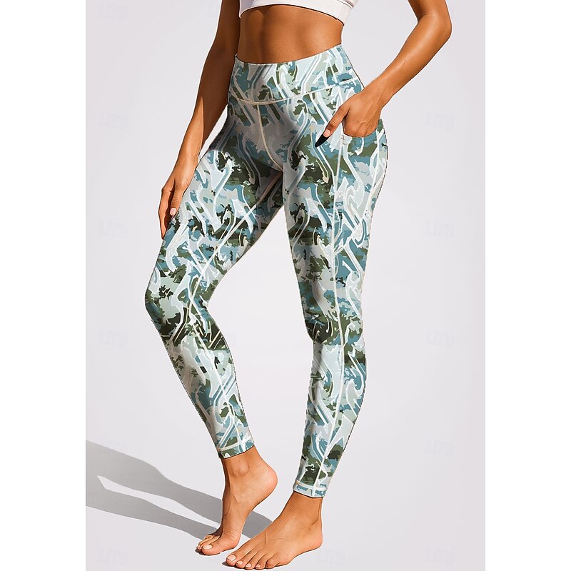 Women's pilates leggings fitness pants Gym Leggings Pockets Stamp Duty Side Pockets Pilates Gym Gym Workout Pants Tights Leggings Graphic Abstract Camo / Camouflage Apple Green Pink Purple Sports3