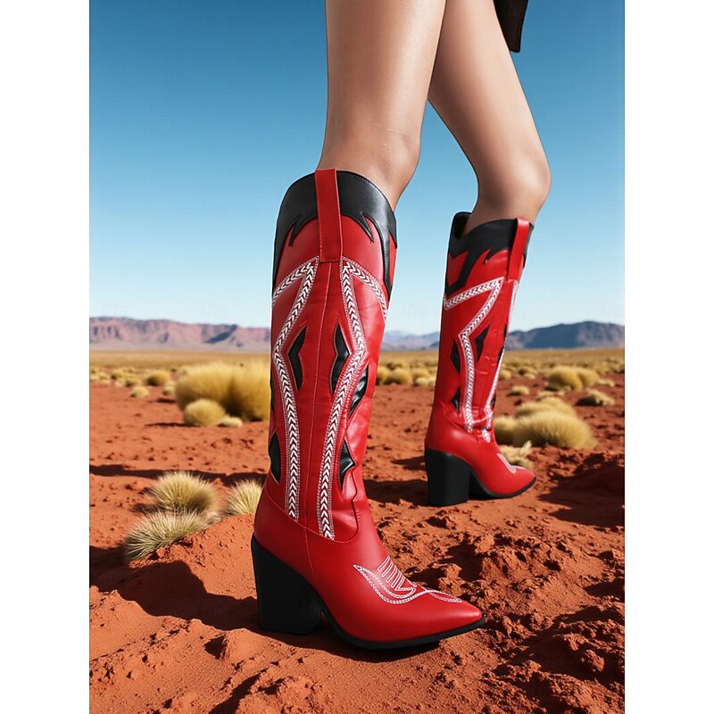 Women's Western Cowboy Boots with Embroidered Detailing, Chunky Heels, Perfect for Urban Bohemian Outfits and Festival Styles2