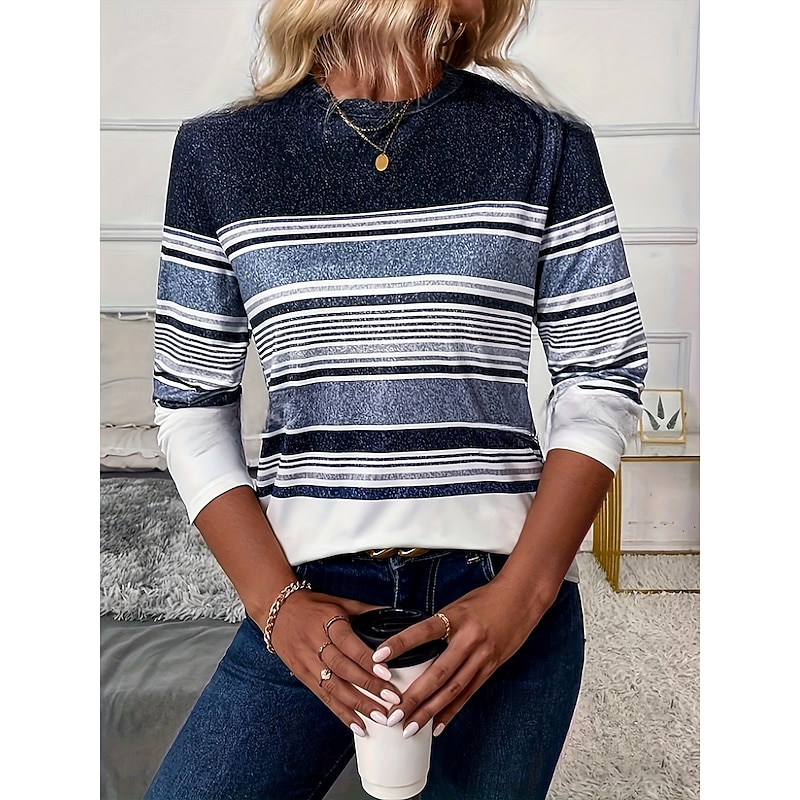 Women's T Shirt Ombre Graphic Geometric Vintage Stylish Classic Long Sleeve Crew Neck Round Neck Regular Tops Daily Print Navy Blue Summer Spring Fall