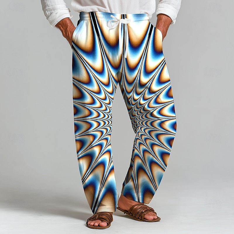 Men's Geometric Optical Illusion Trousers Baggy Pants Casual Pants Mid Waist Fashion Outdoor Vacation Home Elastic Drawstring Waist Linen-Like Pants with Pockets Spring Fall 3D Print White Red Blue